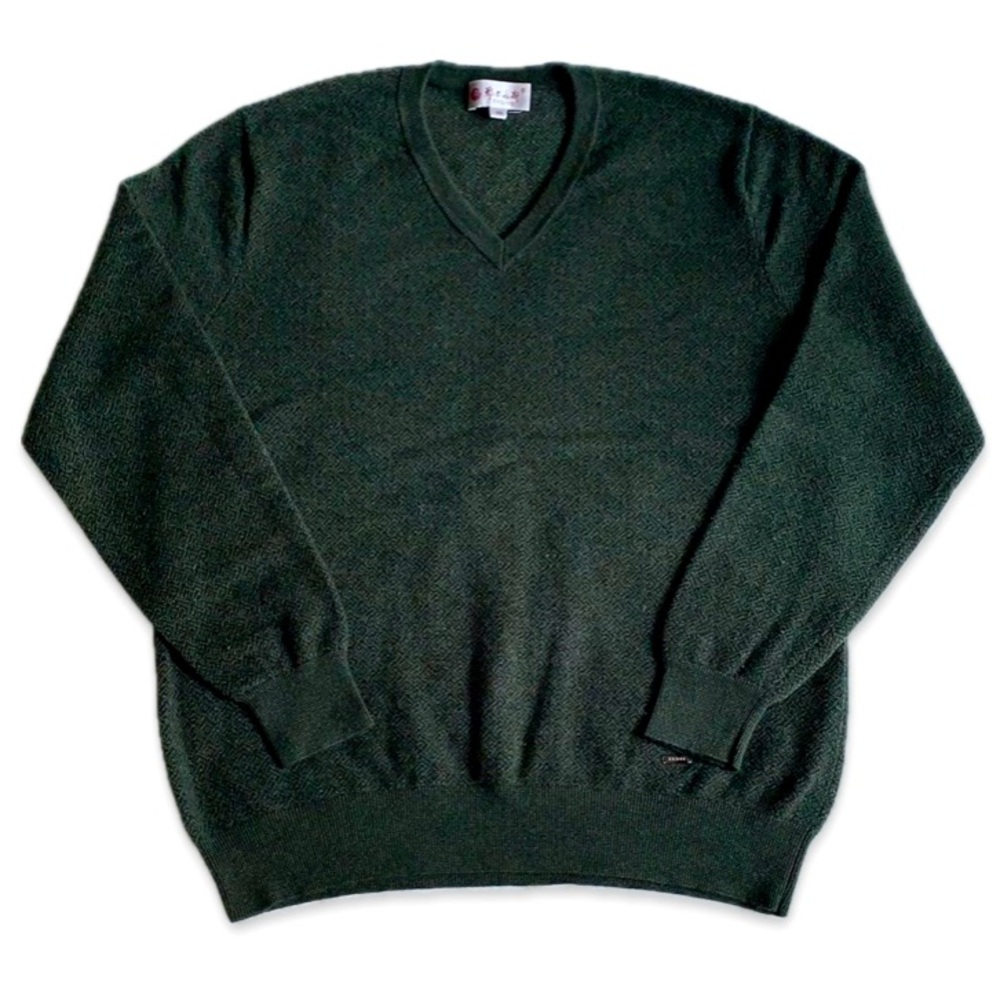 Erdos Dark Green V-Neck Cashmere Blend Sweater with Ribbed Cuffs and Hem M